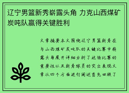 辽宁男篮新秀崭露头角 力克山西煤矿炭吨队赢得关键胜利