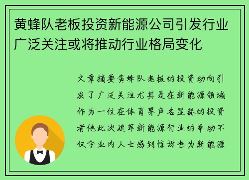 黄蜂队老板投资新能源公司引发行业广泛关注或将推动行业格局变化