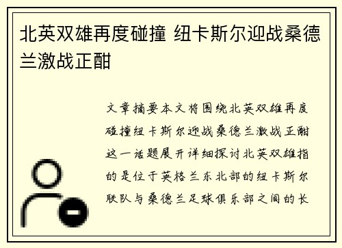 北英双雄再度碰撞 纽卡斯尔迎战桑德兰激战正酣