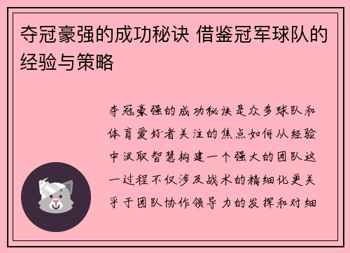 夺冠豪强的成功秘诀 借鉴冠军球队的经验与策略